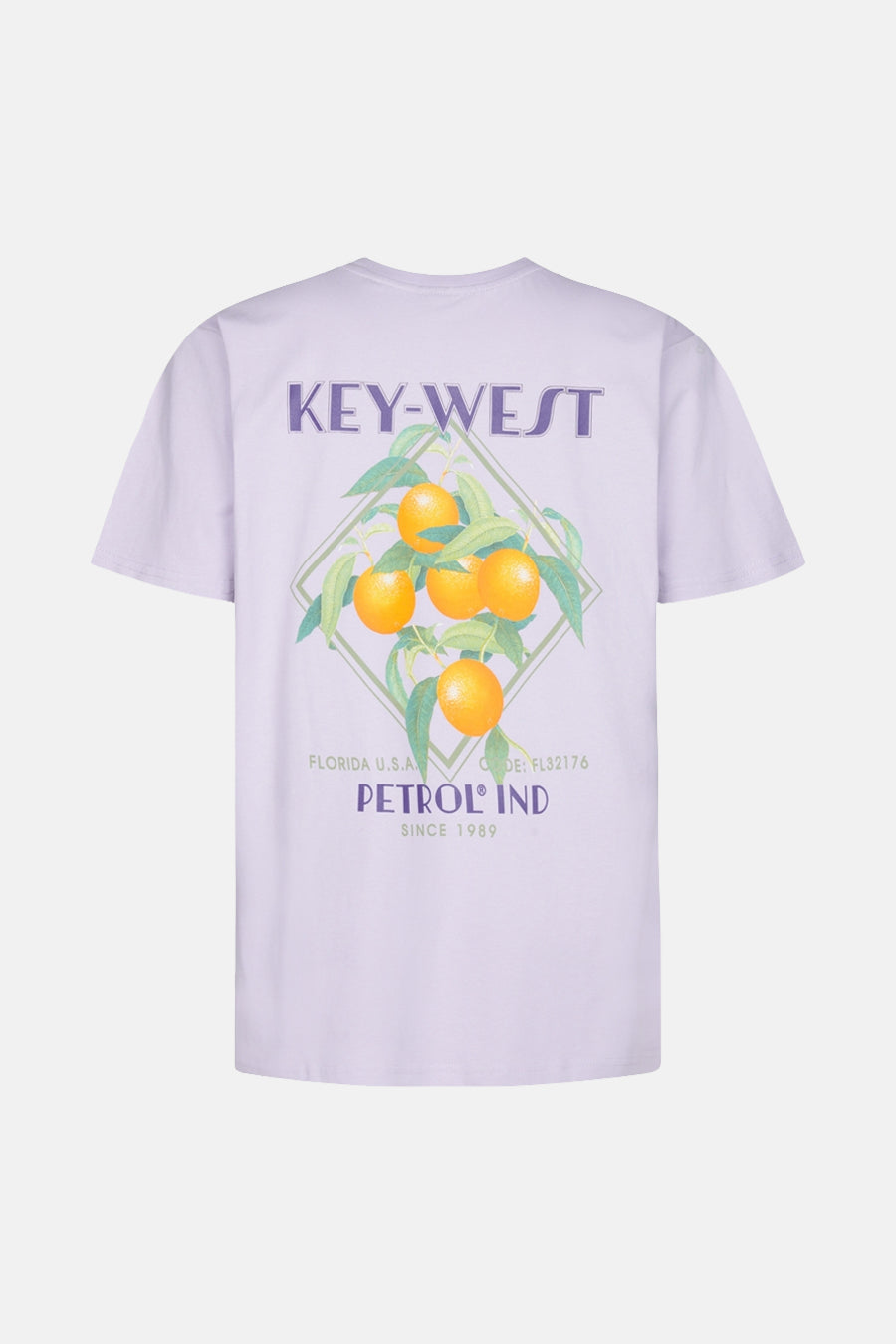 Lila t-shirt met print van sinaasappels en "Key West".