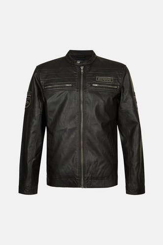 Manteau court noir de Petrol Industries, avec fermetures éclair et poches, applications décoratives et boutons.