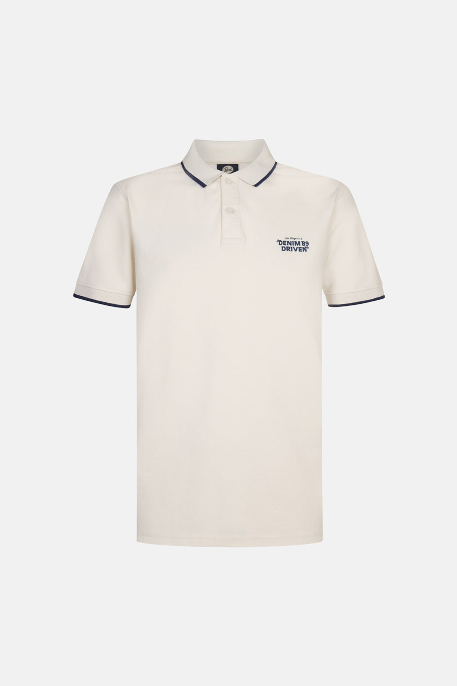 Ecru polo met korte mouwen van Petrol Industries, afgewerkt met marineblauwe accenten aan de kraag en mouwen.