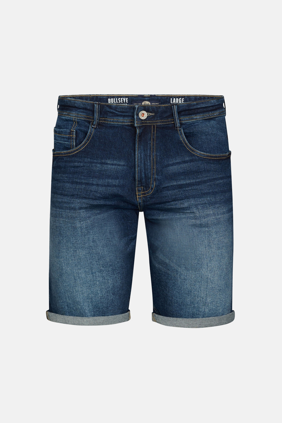 Jeansshort van donkerblauw denim van Petrol Industries, met opgerolde pijpen en gele stiksels.