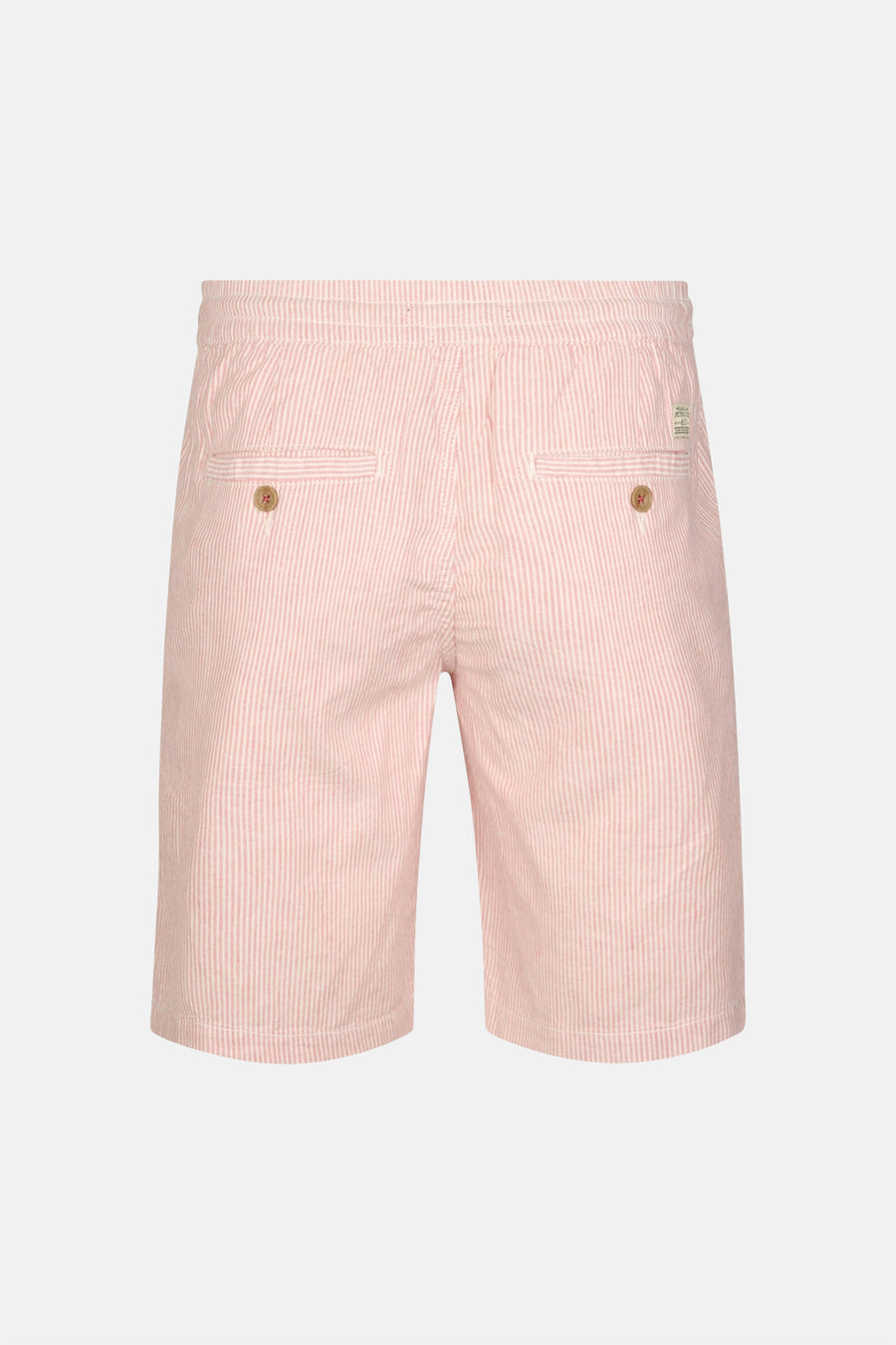 Short rayé rose de Petrol Industries® avec taille élastique et deux poches arrière à boutons, vue arrière.
