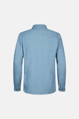 Veste en jeans de denim bleu clair de Petrol Industries, avec l'arrière visible, des manches longues et des fermetures à boutons.
