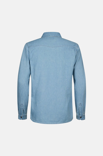 Jeans jas van lichtblauw denim van Petrol Industries, achterkant weergegeven, met lange mouwen en knoopsluitingen.