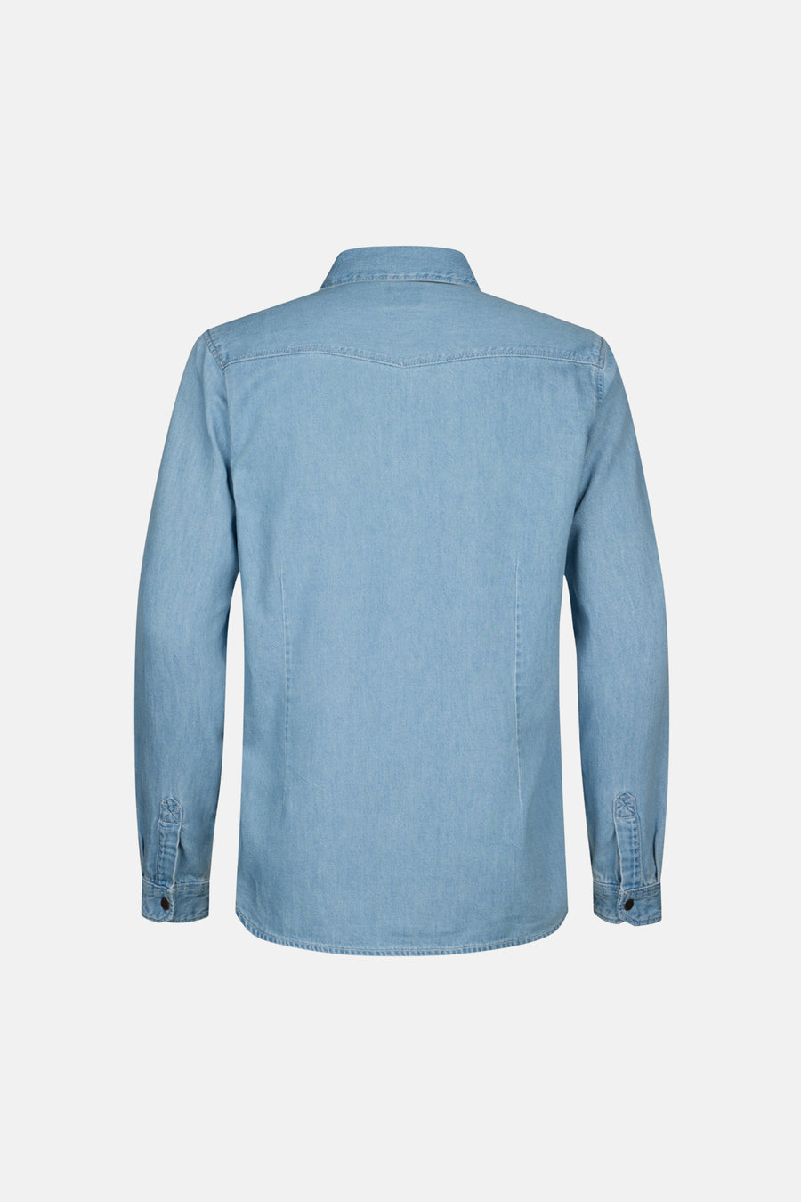 Jeans jas van lichtblauw denim van Petrol Industries, achterkant weergegeven, met lange mouwen en knoopsluitingen.