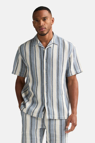 Chemise rayée bleue à manches courtes de Petrol Industries, gros plan, avec effet de texture.