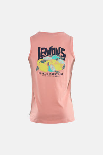 Débardeur rose de Petrol Industries® avec un imprimé de citrons et le texte "Lemons" dans le dos.