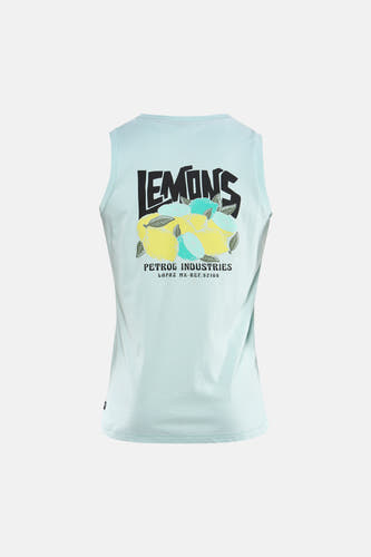 Débardeur vert de Petrol Industries, avec imprimé 'Lemons' et motif citron au dos.