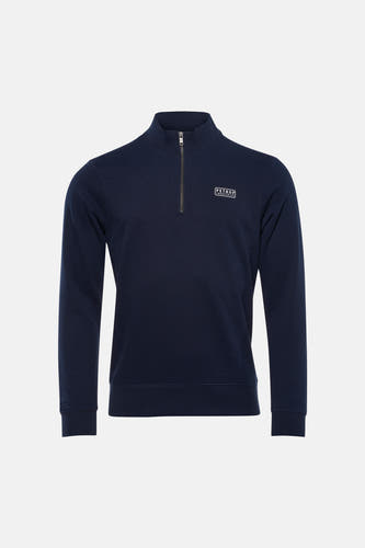 Pull bleu à col rond de Petrol Industries, avec une fermeture éclair courte et un logo sur la poitrine.