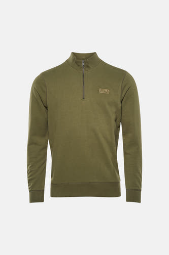 Pull vert à col rond de Petrol Industries, avec une fermeture éclair courte et un logo de marque sur la poitrine.