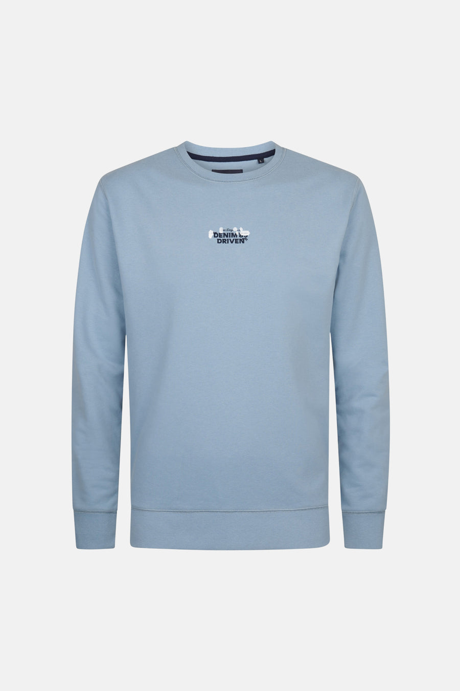 Blauwe sweater met ronde hals van Petrol Industries, met klein logo op de borst.