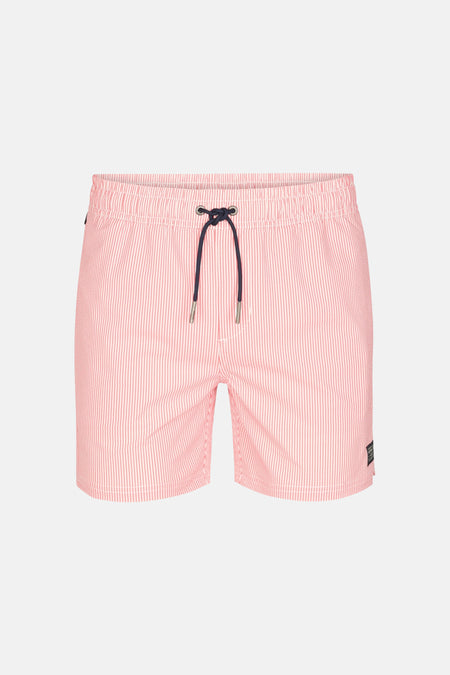 Short de bain rose de Petrol Industries, avec des rayures blanches, une poche arrière et un cordon de serrage à la taille.