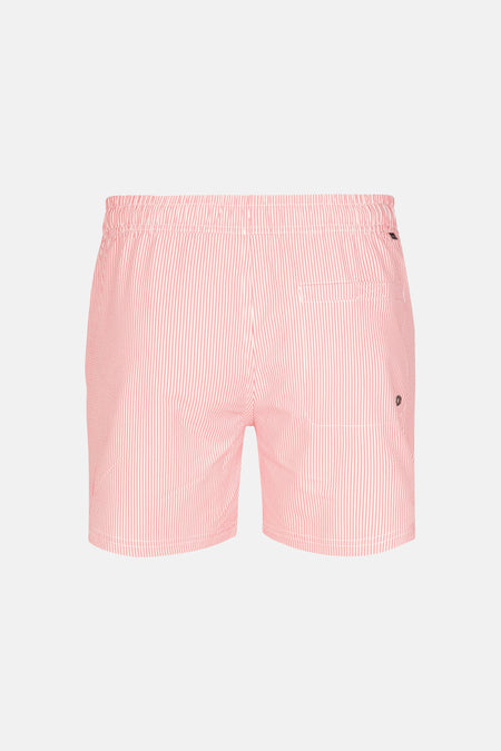 Roze zwemshort van Petrol Industries, met witte strepen, achterzak en koord in de tailleband.