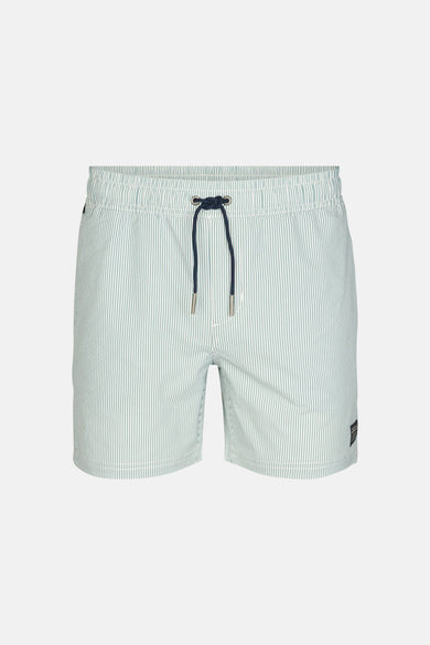 Short de bain vert de Petrol Industries® avec des rayures blanches et un cordon de serrage bleu foncé.