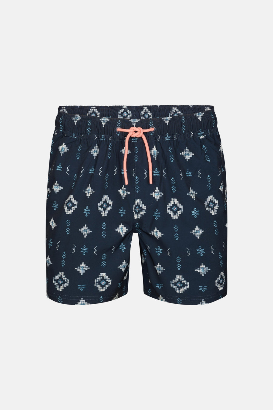 Short de bain bleu de Petrol Industries® avec un motif géométrique et un cordon de serrage orange.