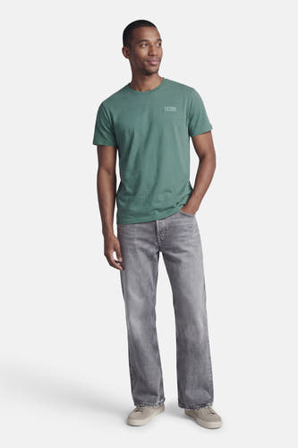 Groen T-shirt met korte mouwen van Petrol Industries, met een logo op de borst en gedragen met grijze jeans.

