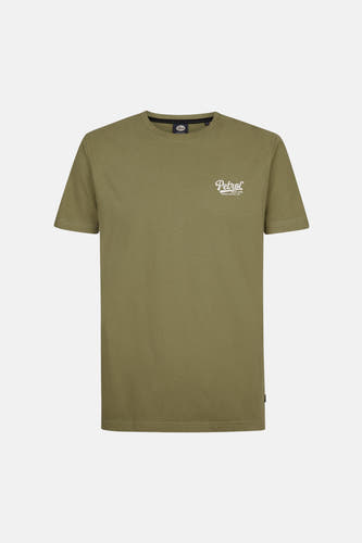 T-shirt vert avec manches courtes de Petrol Industries®, avec une impression de texte blanche sur la poitrine.
