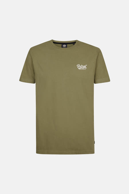 T-shirt vert avec manches courtes de Petrol Industries®, avec une impression de texte blanche sur la poitrine.