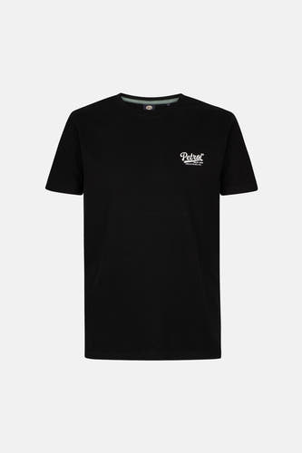 T-shirt noir de Petrol Industries avec logo blanc imprimé sur la poitrine, manches courtes et col rond.