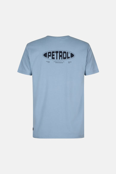 T-shirt bleu à manches courtes de Petrol Industries®, dos visible avec le logo de la marque sur le dos.