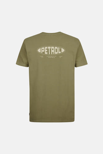 T-shirt vert avec manches courtes de Petrol Industries, avec une impression graphique sur le dos.