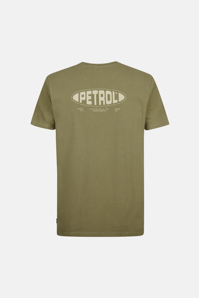 T-shirt vert avec manches courtes de Petrol Industries, avec une impression graphique sur le dos.