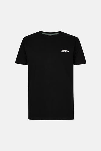 T-shirt noir à manches courtes de Petrol Industries, avec un logo de marque blanc sur la poitrine.