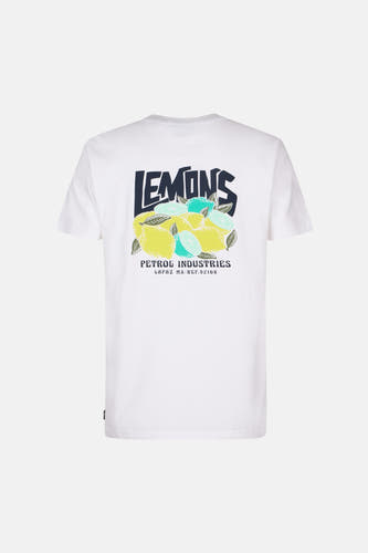 T-shirt blanc à manches courtes de Petrol Industries, avec une impression d'oranges sur le dos.