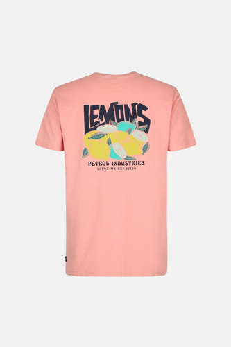 Roze T-shirt met korte mouwen van Petrol Industries, met citroenen en tekst op de rug.