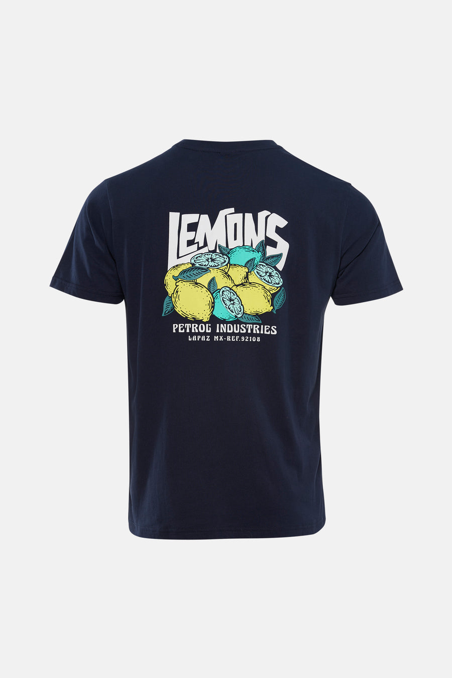 T-shirt bleu à manches courtes de Petrol Industries, avec imprimé citrons au dos, à combiner avec un jean et des baskets.