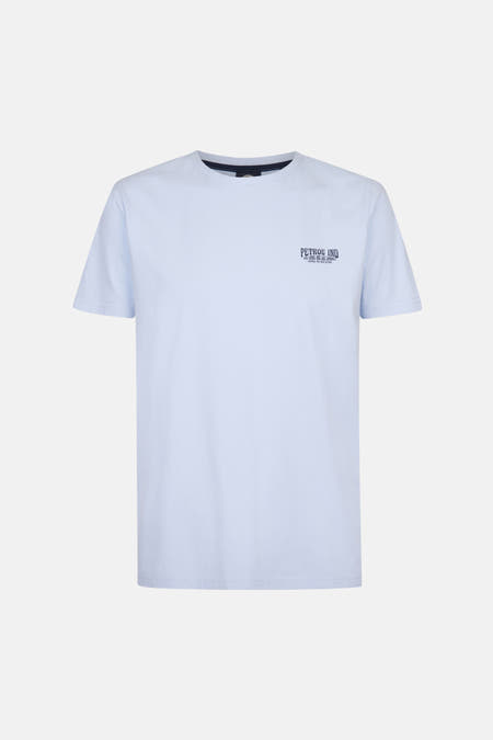 T-shirt bleu à manches courtes de Petrol Industries, avec une petite impression de logo sur la poitrine.