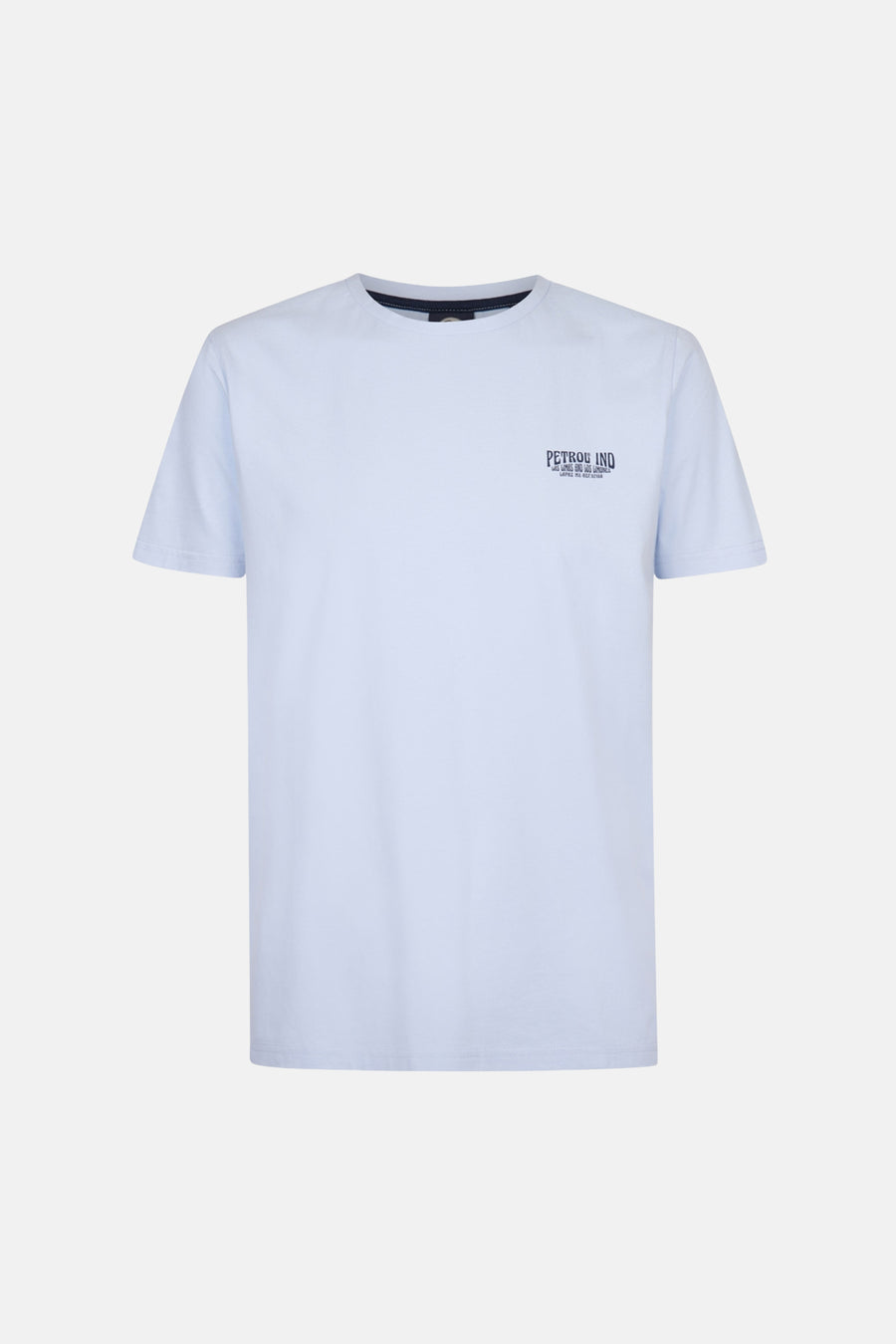 T-shirt bleu à manches courtes de Petrol Industries, avec une petite impression de logo sur la poitrine.