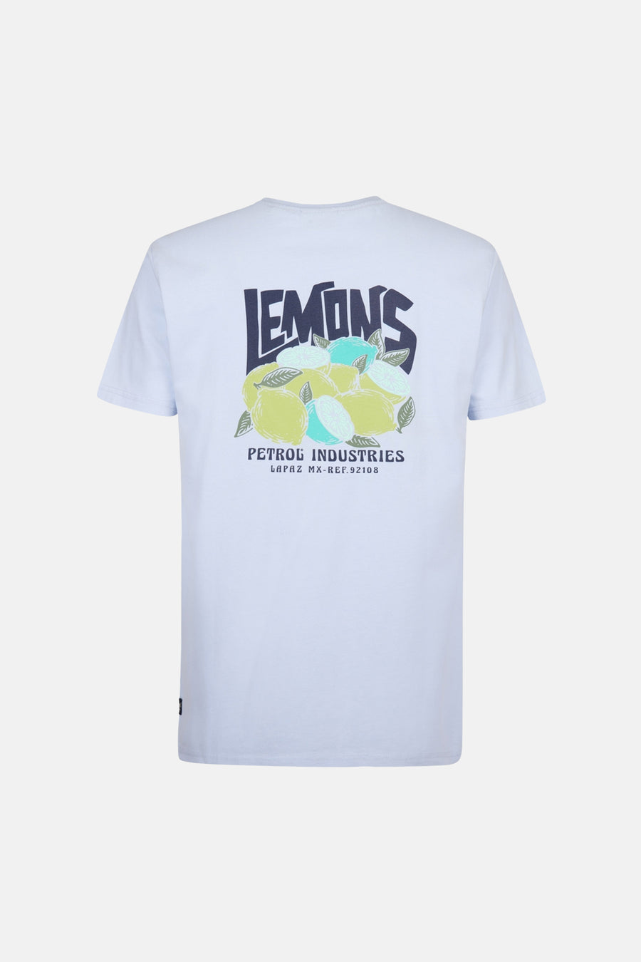 T-shirt bleu à manches courtes de Petrol Industries avec un imprimé citrons sur le dos.