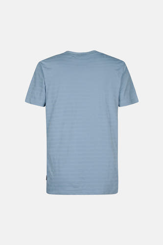 T-shirt bleu à manches courtes de Petrol Industries, avec des rayures horizontales subtiles sur le dos.