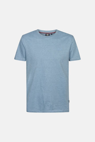 T-shirt bleu à manches courtes de Petrol Industries, avec des rayures horizontales et un col rond.