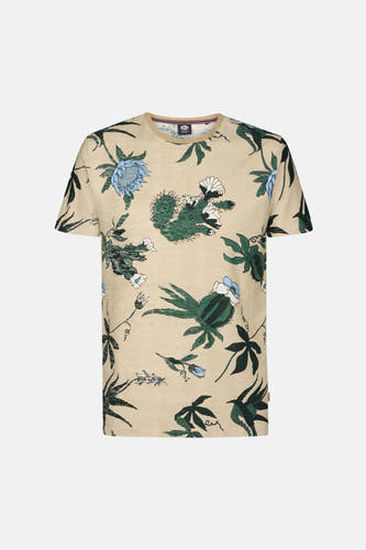 T-shirt beige à manches courtes de Petrol Industries, avec une impression botanique de cactus et de fleurs.