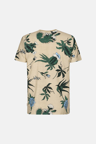 T-shirt beige à manches courtes de Petrol Industries, avec imprimé cactus et motifs botaniques.