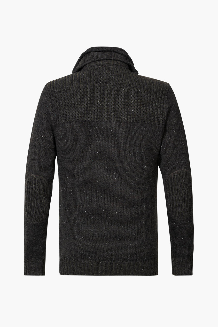 Pull en tricot gris de Petrol Industries®, avec empiècements aux coudes, vu de dos.