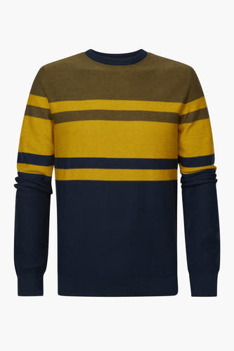 Pull bleu à col rond de Petrol Industries®, avec un motif rayé vert olive et jaune ocre.