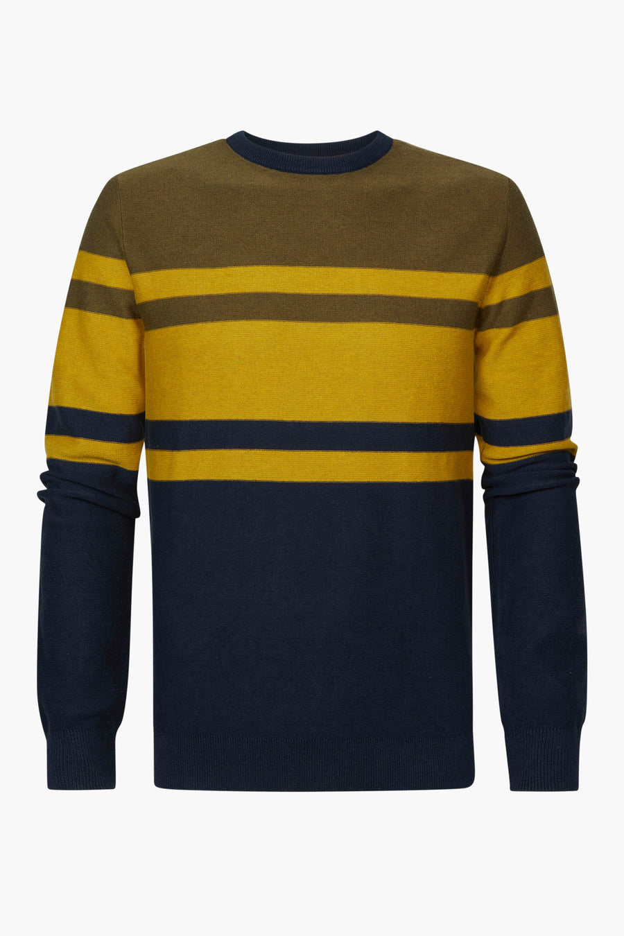 Pull bleu à col rond de Petrol Industries®, avec un motif rayé vert olive et jaune ocre.