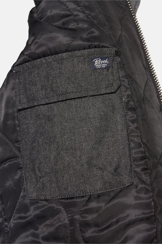 Blouson noir avec poche et fermeture éclair.