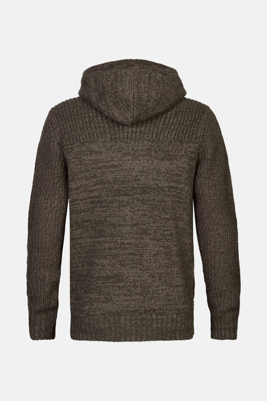 Bruin gilet van Petrol Industries® met capuchon en fijngebreide textuur, gezien van achteren.
