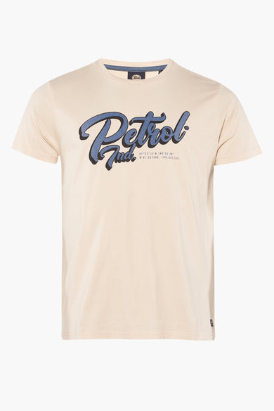 T-shirt à manches courtes écru de Petrol Industries® avec logo bleu imprimé et détail cordon au col, vue de face
