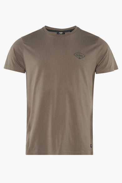 T-shirt à manches courtes vert olive de Petrol Industries® avec petit logo diamant sur la poitrine, col rond et ourlet cousu.