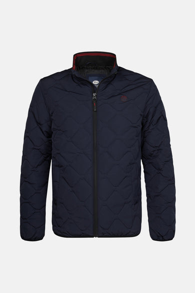 Manteau court bleu de Petrol Industries, avec un motif à carreaux et une fermeture éclair noire.