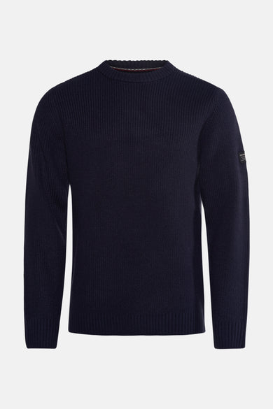 T-shirt bleu avec col rond de Petrol Industries®, en texture côtelée et petit étiquette de marque sur la manche.