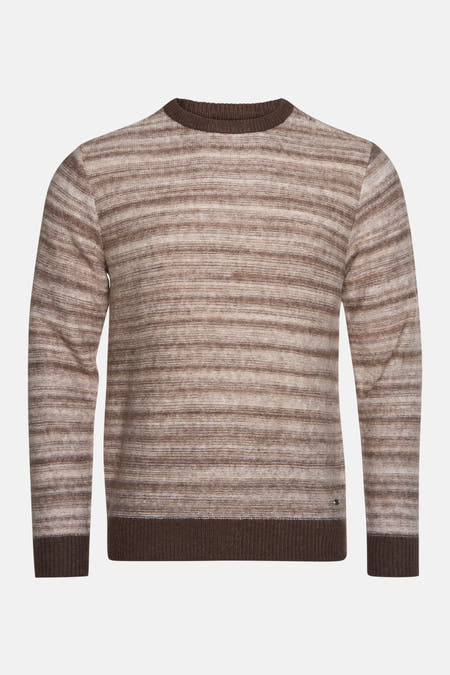 Gilet beige avec col rond de Petrol Industries, à rayures horizontales et une bordure marron foncé.