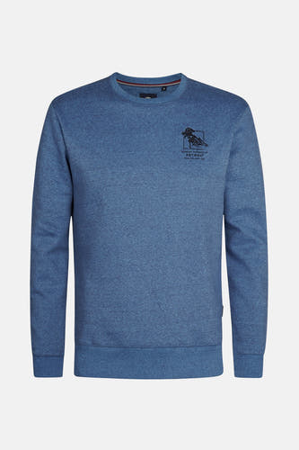 Gilet bleu de Petrol Industries avec un col rond et une petite impression noire sur la poitrine.