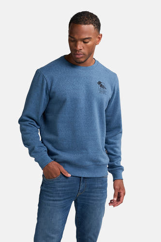 Pull-over bleu de Petrol Industries® avec des manches longues et une petite impression sur la poitrine, associé à un jean.