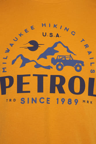 T-shirt jaune à manches courtes de Petrol Industries, avec une impression bleue de montagnes, soleilil et.