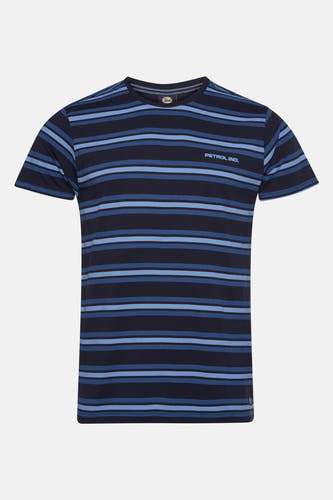 T-shirt rayé bleu avec manches courtes de Petrol Industries, avec une encolure ronde et un petit logo.